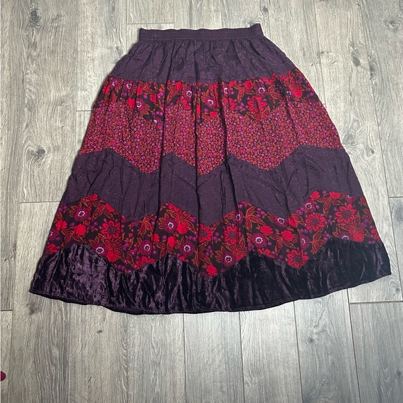 Sold! Deep purple and red/burgundy, multi floral maxi skirt with elastic waist - Picture 3 of 6